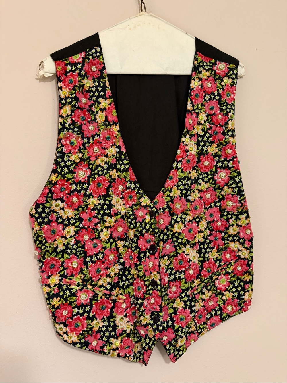 Vintage Women's Floral V-Neck Vest - Black with Pink Floral